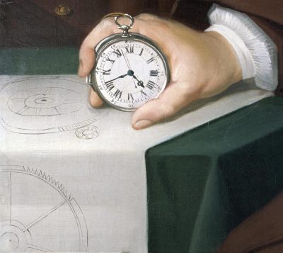 Zoomed in on clock Painting. John Harrison (1693-1776) by Thomas King, c1767. Oil on canvas; 125x100cm in gilt frame 144.5x120x8cm. - Titled centre l, on chronometer, John Harrison. - Portrait: Sitter nearly TQL seated to L beside table holding in right hand, watch made to his design by John Jeffries 1753. Third timekeeper H3, for ascertaining Longitude, delineated in background L. Chronometrical drawing. l. Invention of compound pendulum, background R.