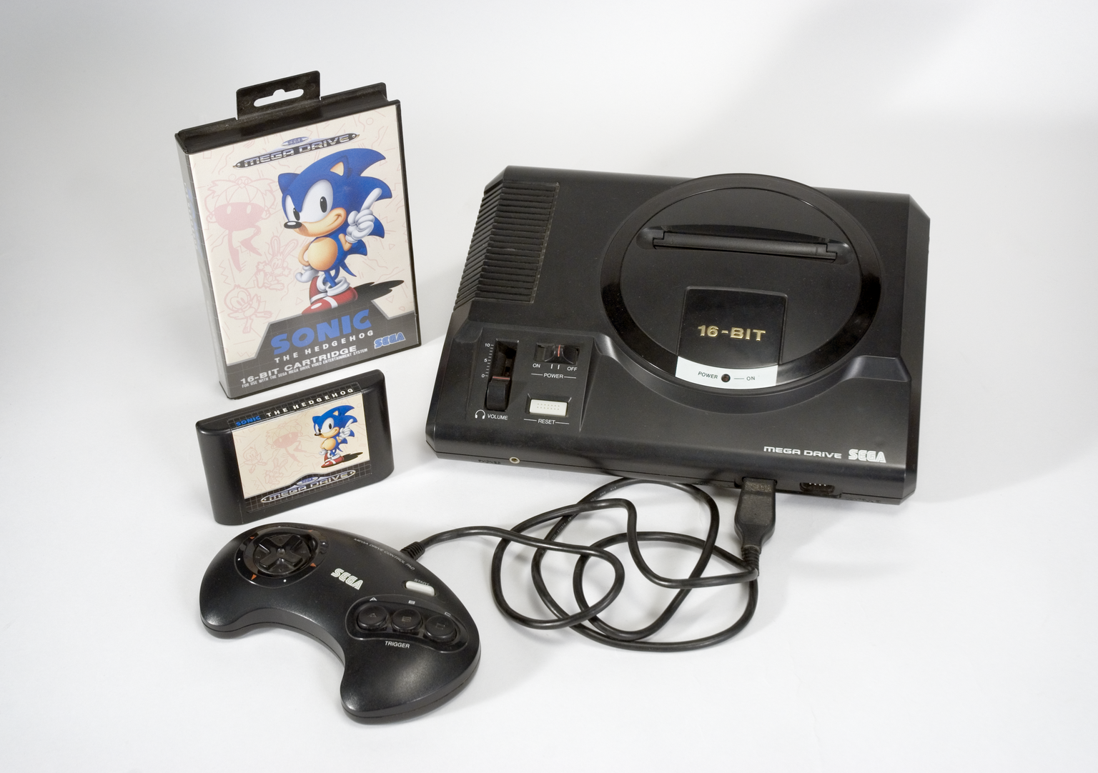 Sonic The Hedgehog games cartridge with 16-bit Mega-Drive