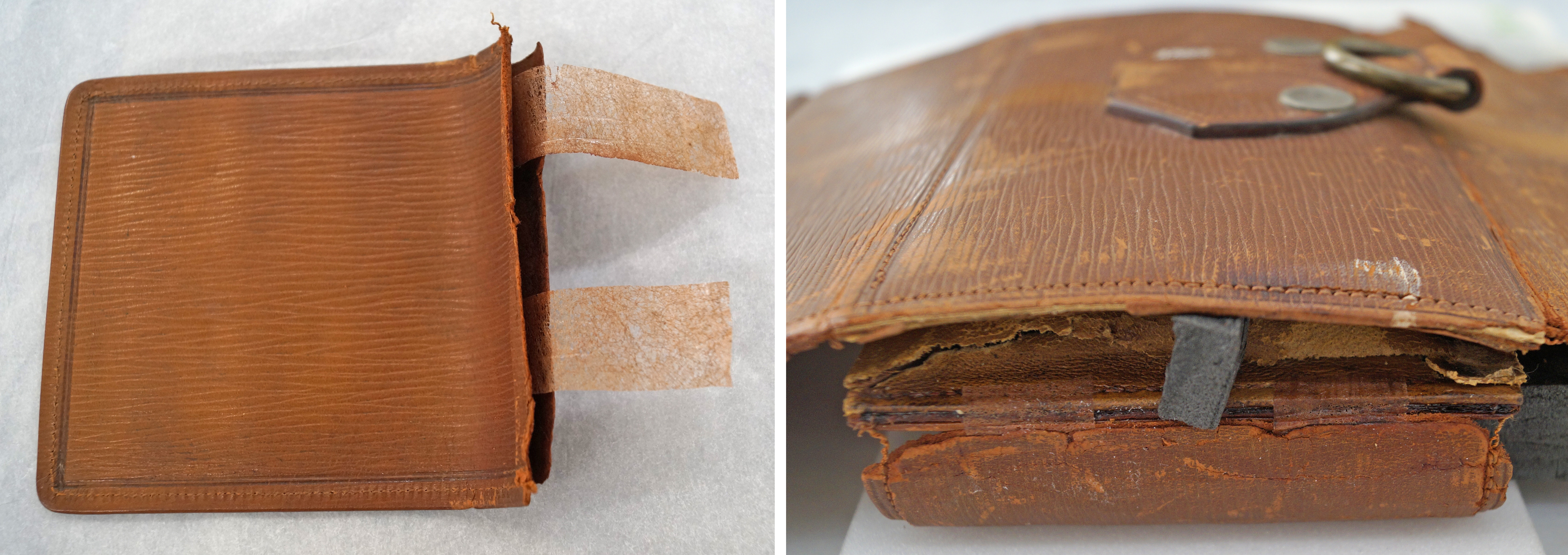 Reattaching a flap on Ernest Shackleton's medical kit using strips of coloured Reemay to create a hinge