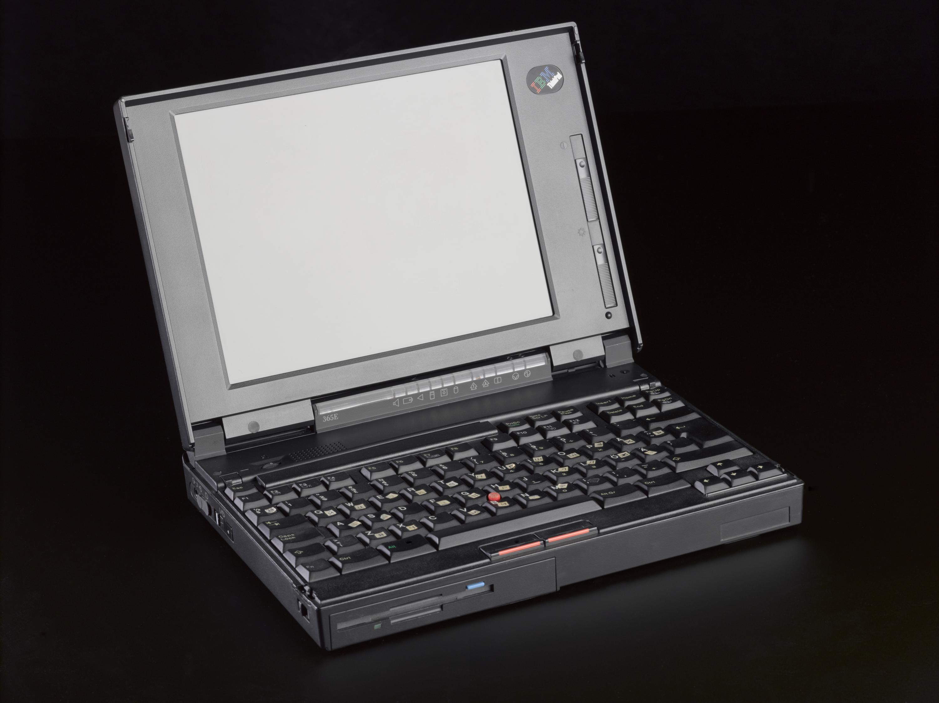 IBM ThinkPad 365e laptop computer used in Helsinki, Finland with Greek alphabet stickers on keyboard