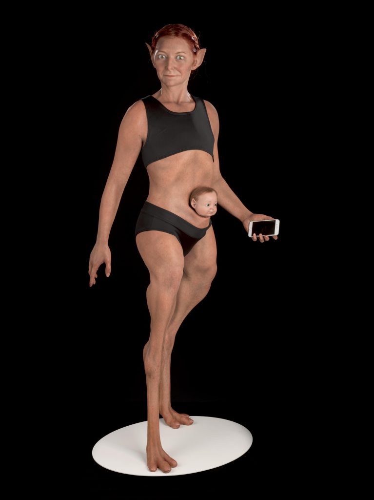 3D-printed sculpture of Dr Alice Roberts with various body parts replaced with animal parts. Produced for "Alice Roberts' Perfect Body" in conjunction with BBC. Displayed in Who Am I? gallery update case.