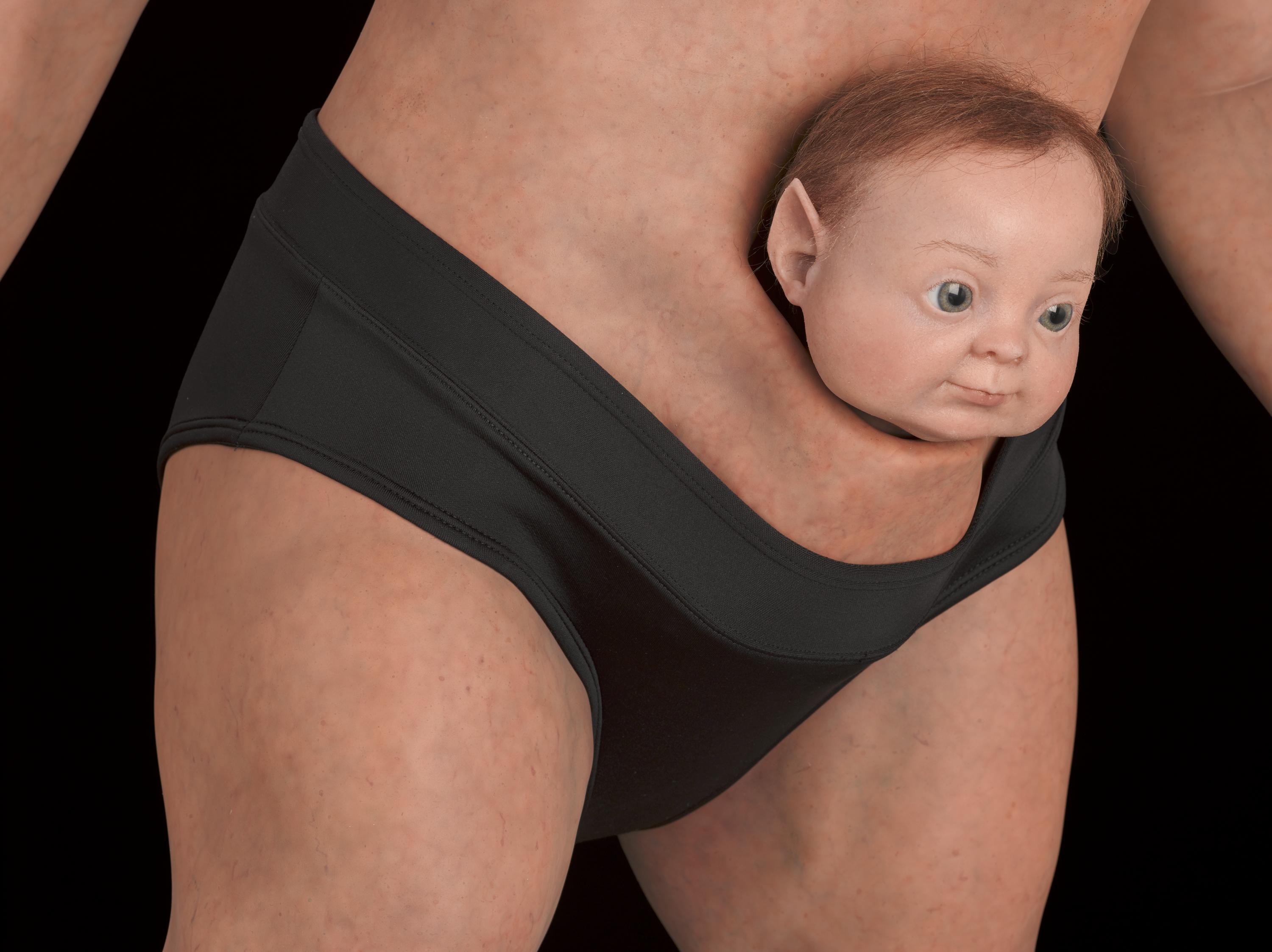 3D-printed sculpture of Dr Alice Roberts with various body parts replaced with animal parts. Produced for "Alice Roberts' Perfect Body" in conjunction with BBC. Displayed in Who Am I? gallery update case.