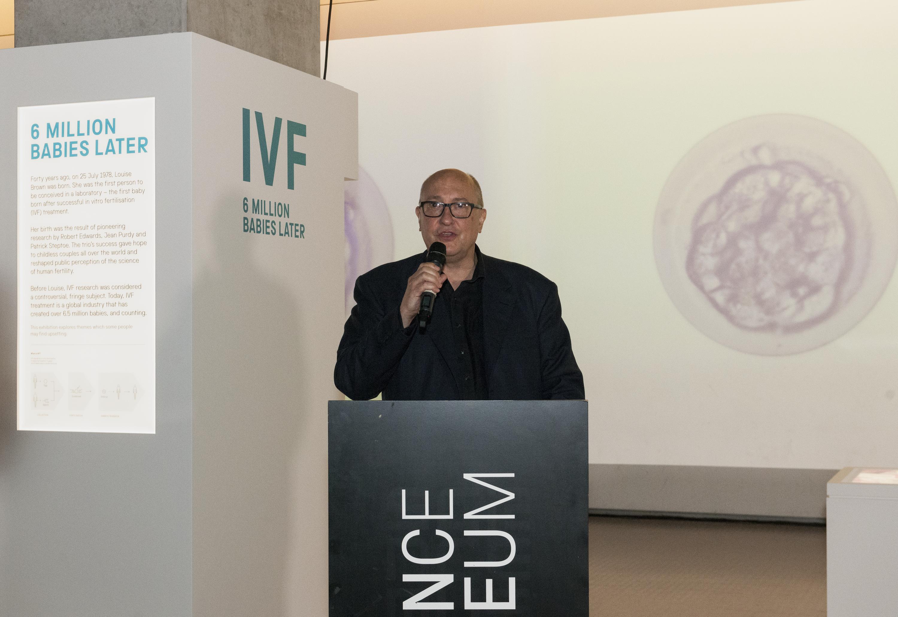 Roger Highfield, Director of External Affairs, Science Museum Group speaking at IVF: 6 Million Babies Later. An exhibition marking the 40th anniversary of the 'miraculous' birth of Louise Brown on 25 July 1978. The exhibition explores the ten years of testing, hundreds of failed attempts and many setbacks faced by Robert Edwards, Patrick Steptoe and Jean Purdy, in their quest to treat infertility and achieve the first successful IVF birth.