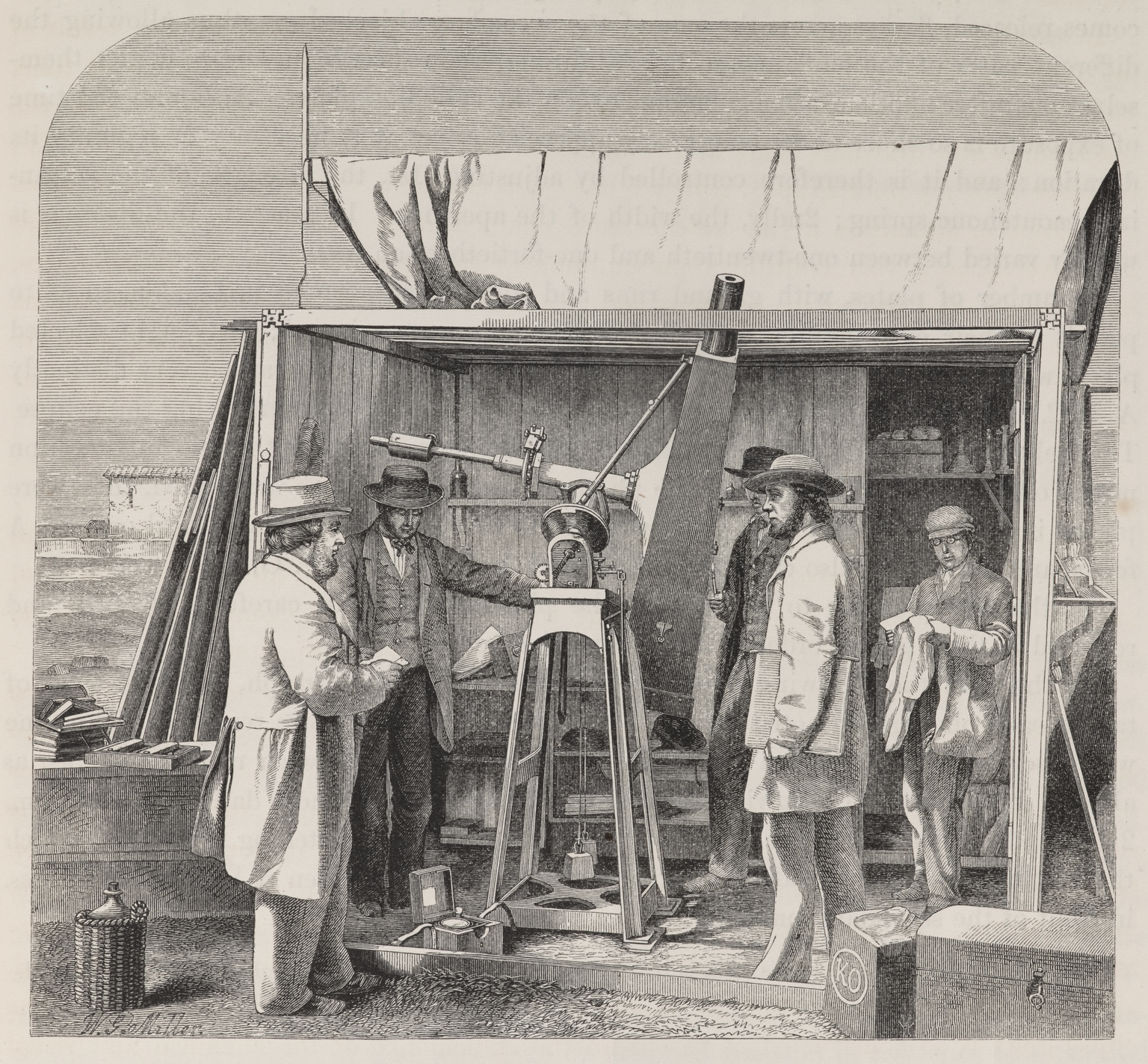 Warren de la Rue (left), his crew and equipment set up for the eclipse. 