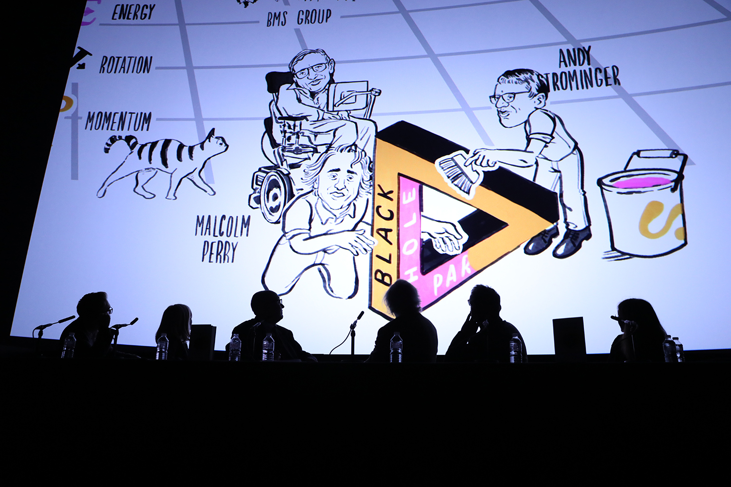 The panel watch an animation about Professor Hawking's work