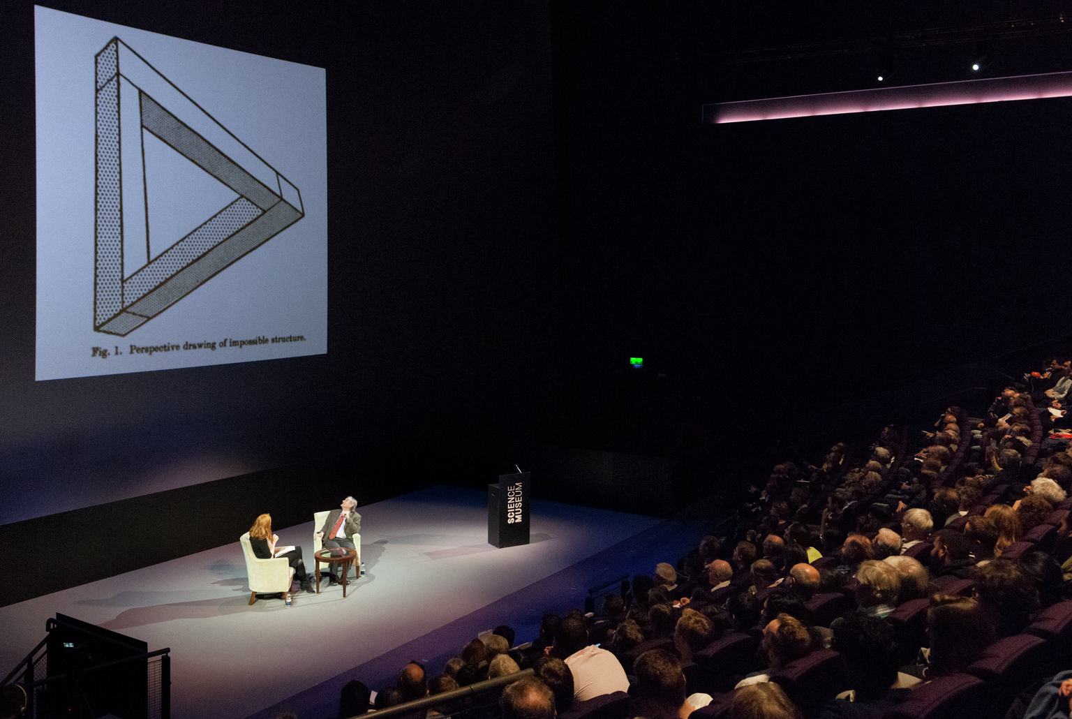 Roger Penrose discussing the impossible triangle at Oxford Mathematics London Public Lecture