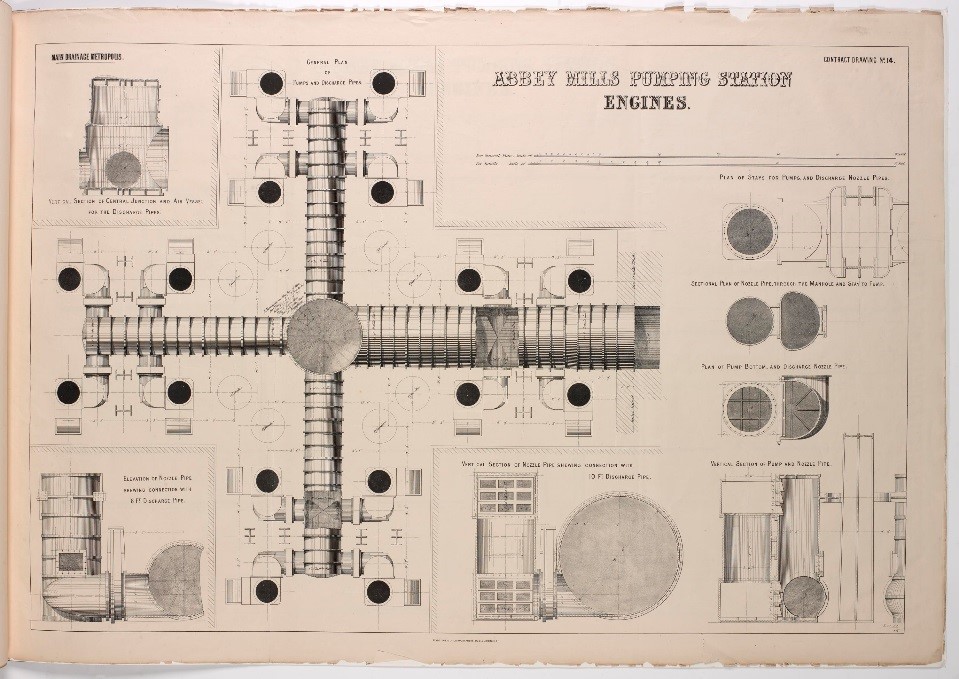 Engine drawings, taken from Bazalgette’s detailed plans for Abbey Mills pumping station, 1864.