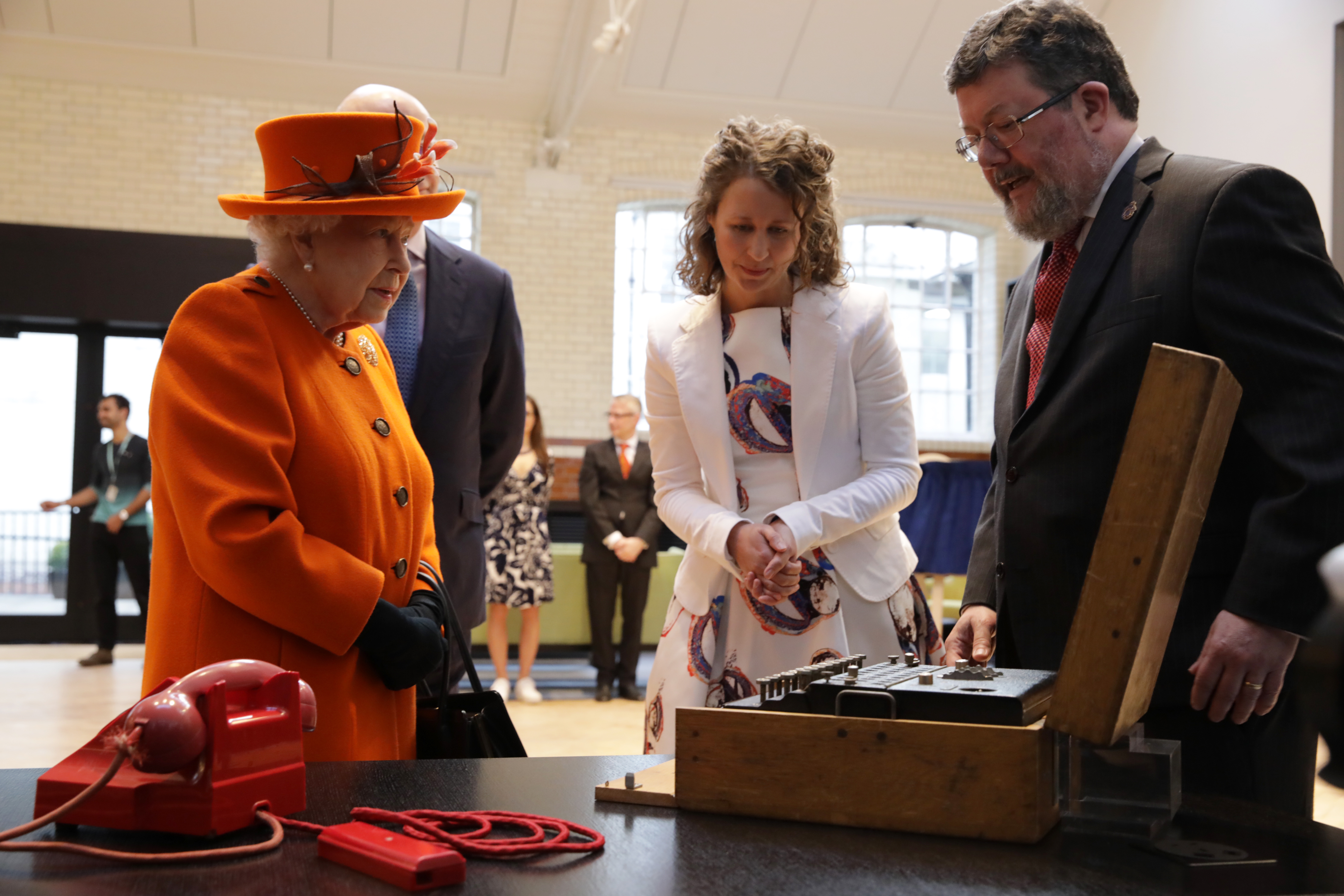 Her Majesty The Queen at the Science Museum on 7 March 2019, with objects from the upcoming Top Secret exhibition including Enigma M1070