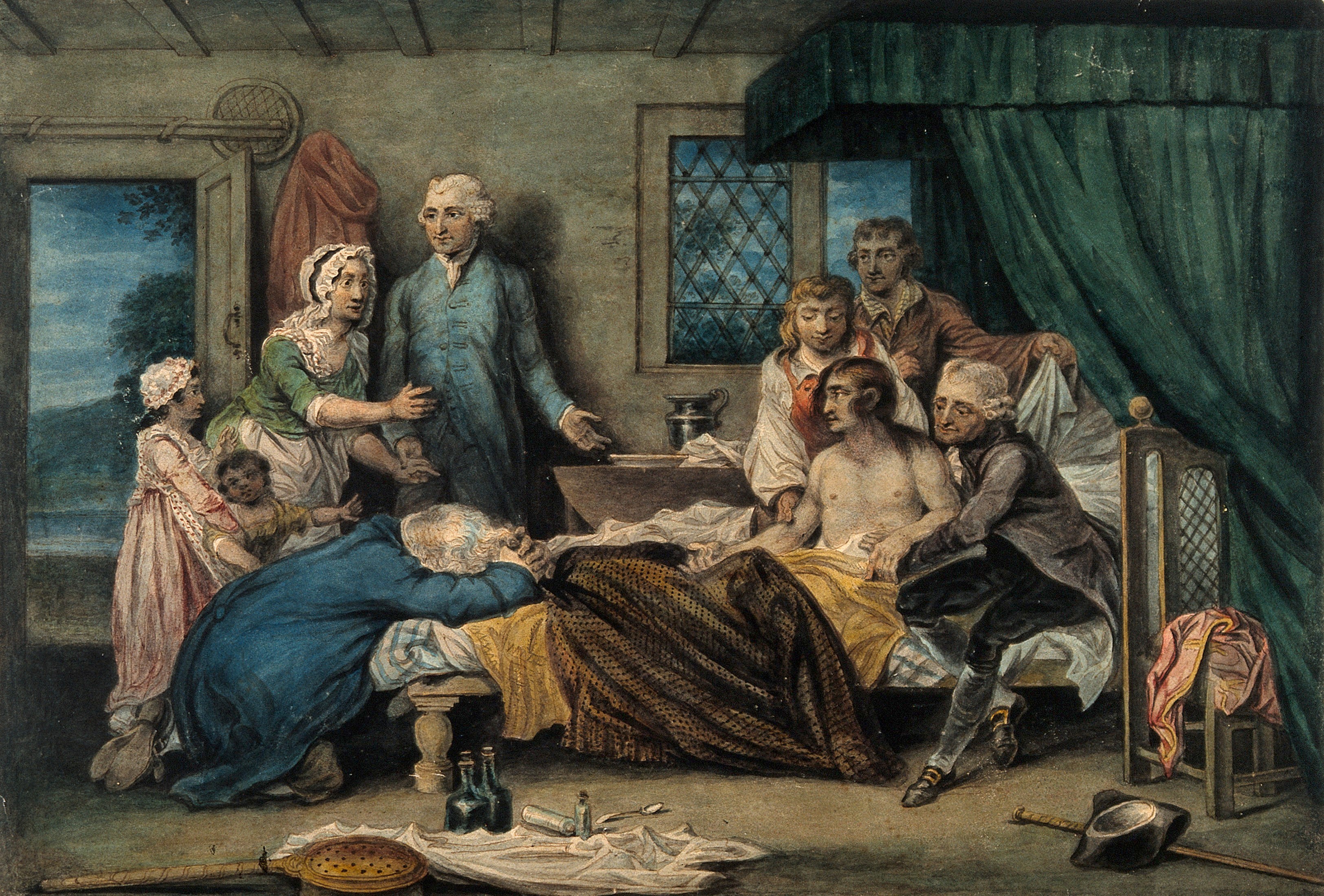 A man recuperating in bed at a receiving-house of the Royal Humane Society, after resuscitation by W. Hawes and J.C. Lettsom from near drowning. Watercolour by R. Smirke. Credit: Wellcome Collection. CC BY