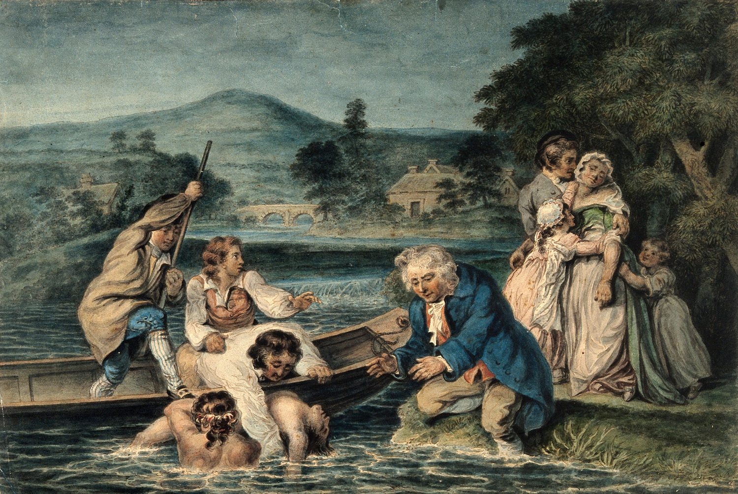 A man being brought in by boat apparently drowned, his wife and family grieve on the shore. Watercolour by R. Smirke. Credit: Wellcome Collection. CC BY