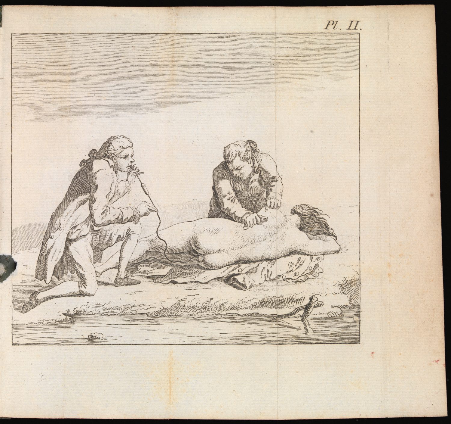 Plate illustrating the resuscitation of a drowned woman. From Avis au Peuple, sur les Asphyxies ou Morts Apparentes et Subites, Joseph Jacques Gardane, 1774 RRd0145 / EPB / A 23973/A Wellcome Library". Credit: Wellcome Collection. CC BY