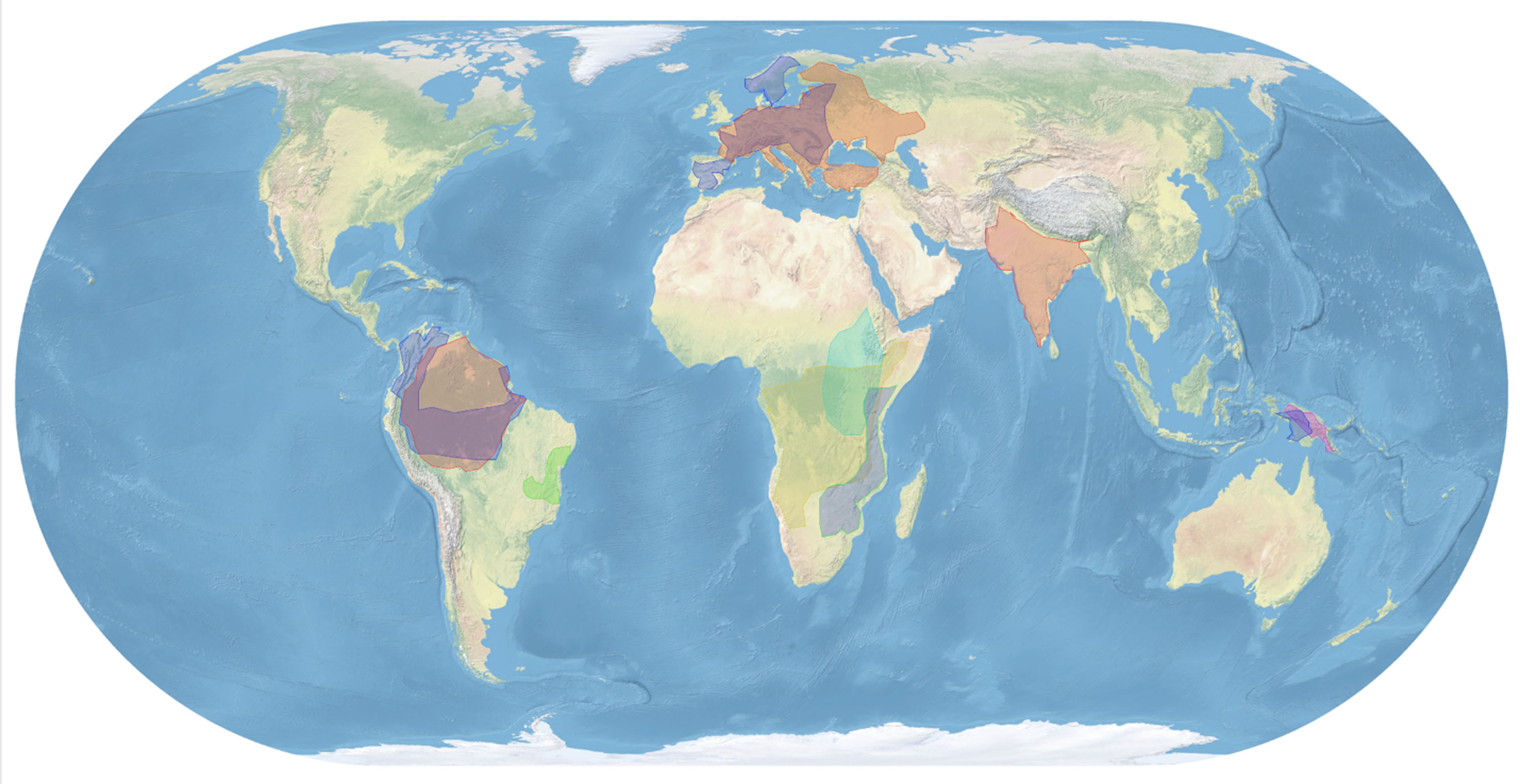 The highlighted sections of the map represent native habitats of the identifiable animals painted on The Courtauld’s ivory casket. 