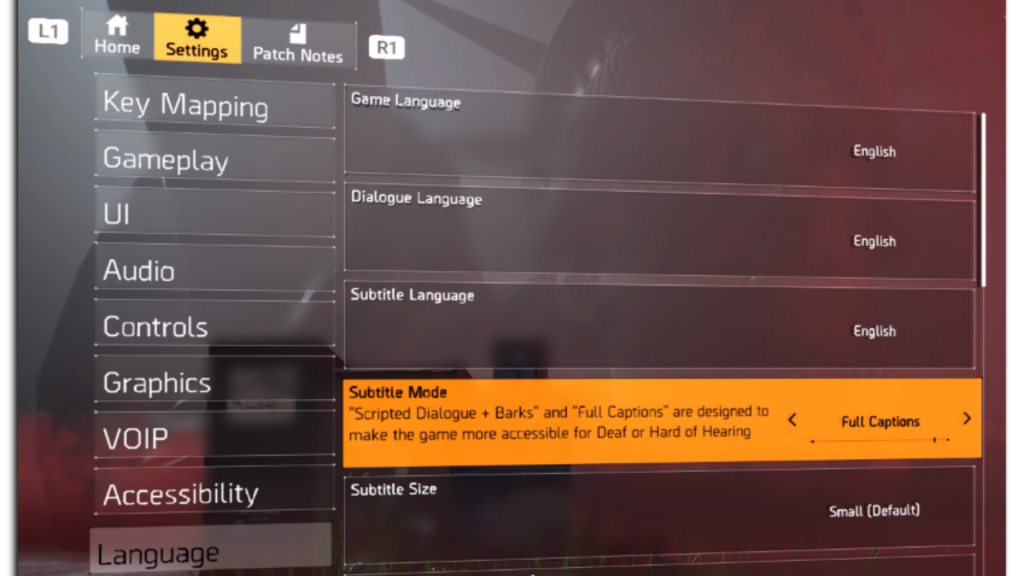Screenshot of the accessibility menu in The Division 2. The screengrab shows the full caption subtitle mode is turned on. 