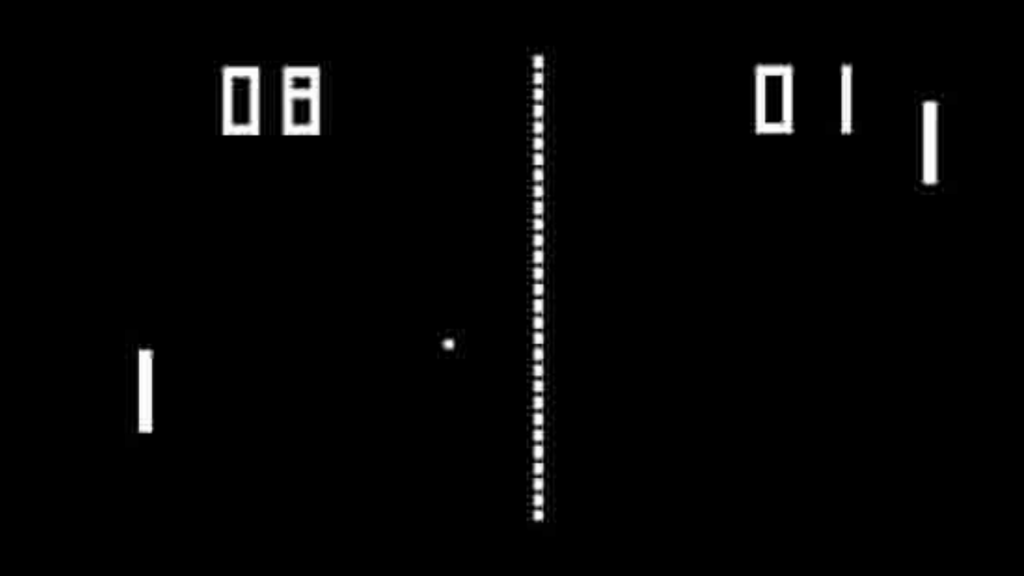 A screengrab of 'Pong' in play, the score is 00 vs 01.