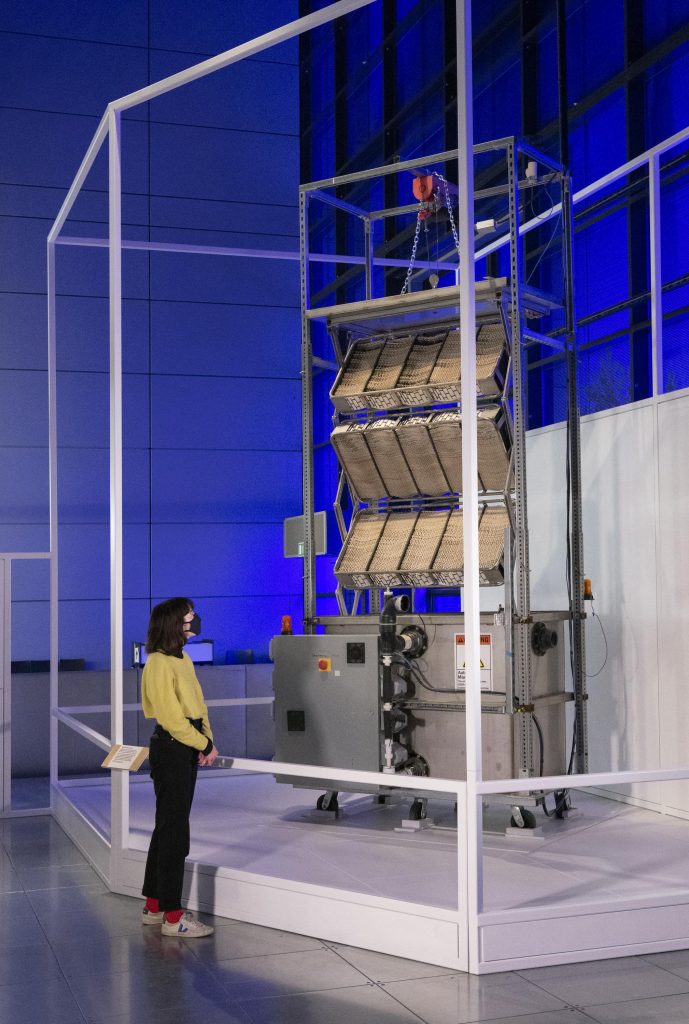 The mechanical tree prototype for direct capture of carbon dioxide from the air, on display in Our Future Planet.