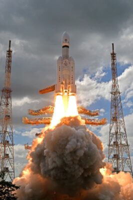 A rocket blasting into space