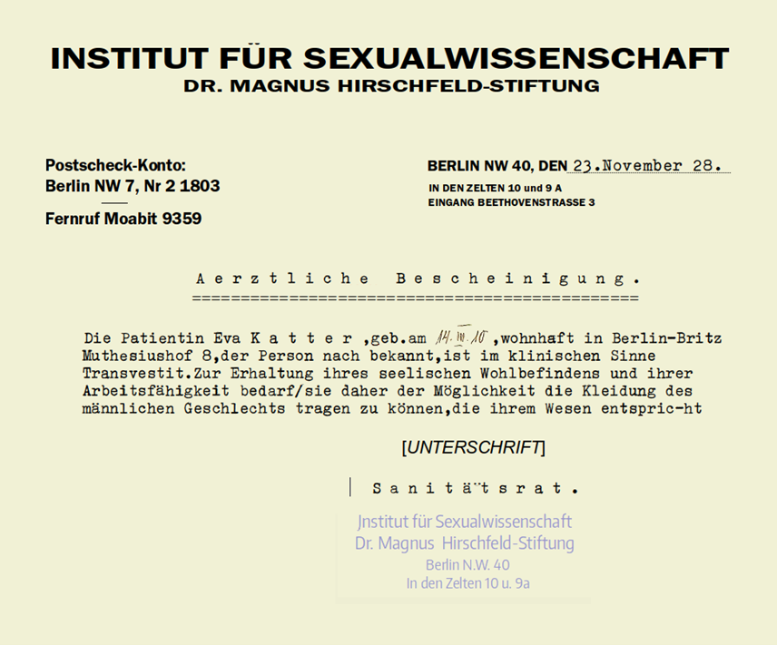 Pass issued by the Institute for Sexual Science to Gerd Katter under his birthname Eva.