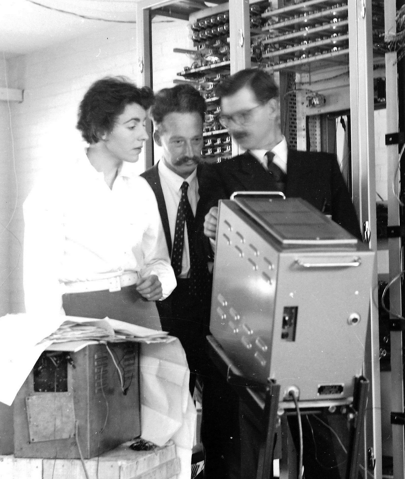 Stephanie Brook (later Shirley) and colleagues with the ERNIE equipment c.1957. Credit: Dame Stephanie Shirley.