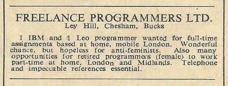 Advert for Freelance Programmers Ltd., The Times, 26 June 1964,