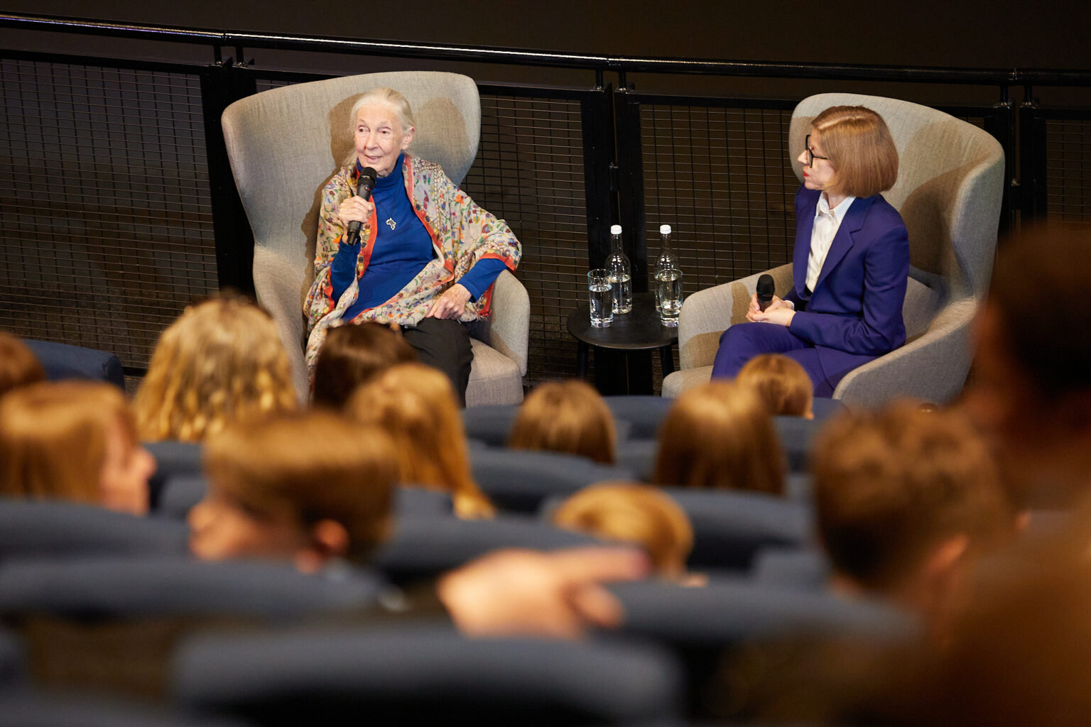 Dr Goodall speaking to school children in the Science Museum about her life and work.